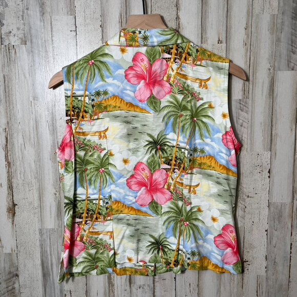 Vintage 90s Hawaiian Floral Tropical Button Vest Capri Pant Set Rayon Medium - Picture 4 of 7
